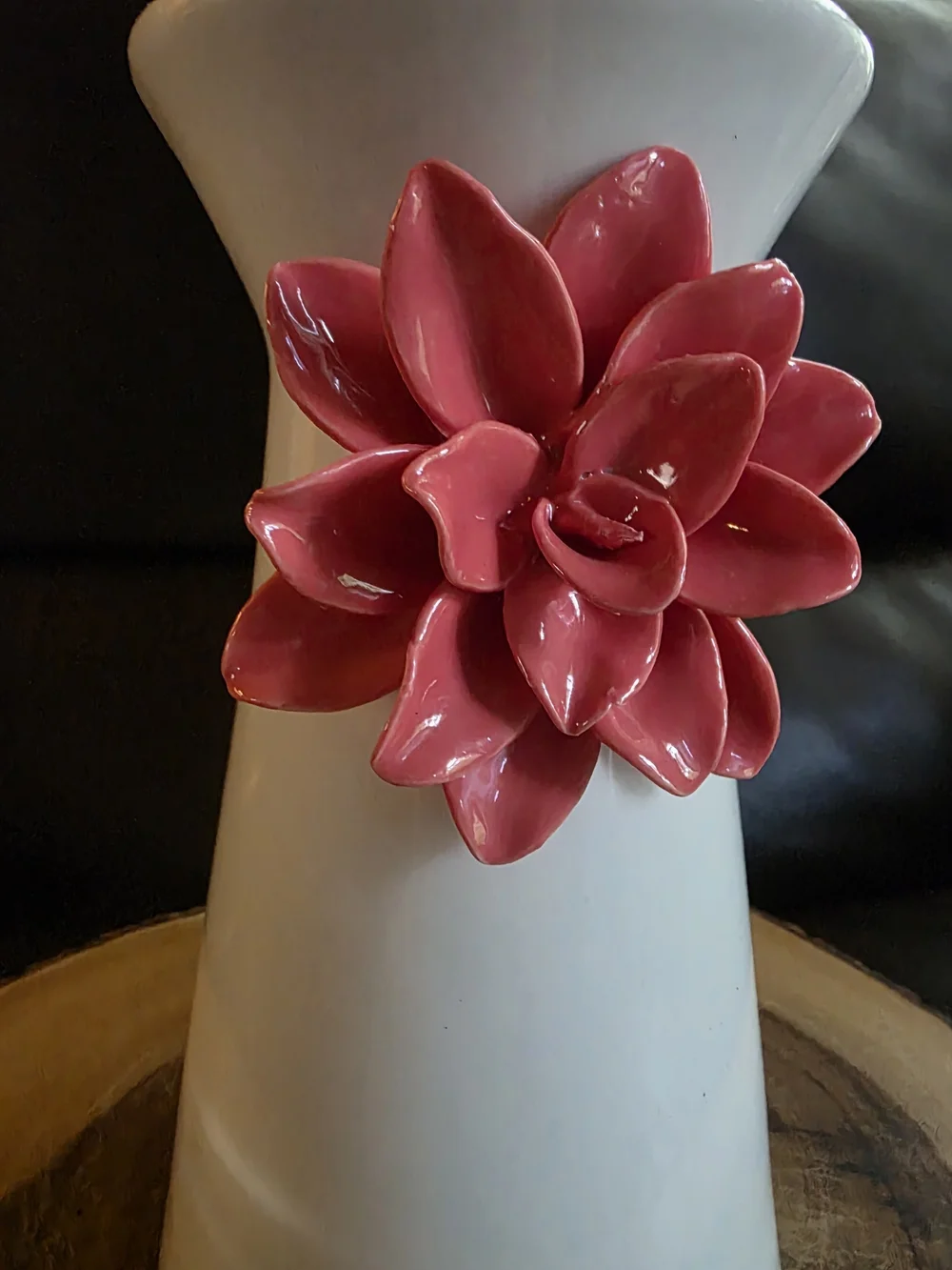 Vintage Shabby Chic White Ceramic Vase with 3D Pink Flower Accent
